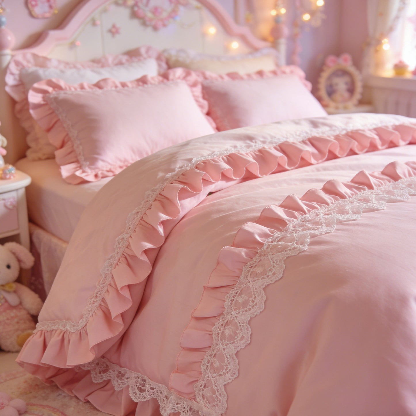 Pink Ruffle Lace Bedding Set